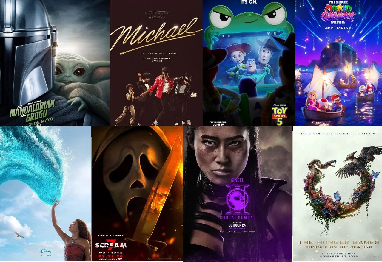 Montagem com oito pôsteres de lançamentos de cinema e TV em 2026, dispostos em duas linhas. Inclui produções de Star Wars com Mandaloriano e Grogu, filme biográfico "Michael", animações como Toy Story 5, aventura de Mario, longa Disney com grande onda azul, terror, Mortal Kombat e novo Jogos Vorazes.