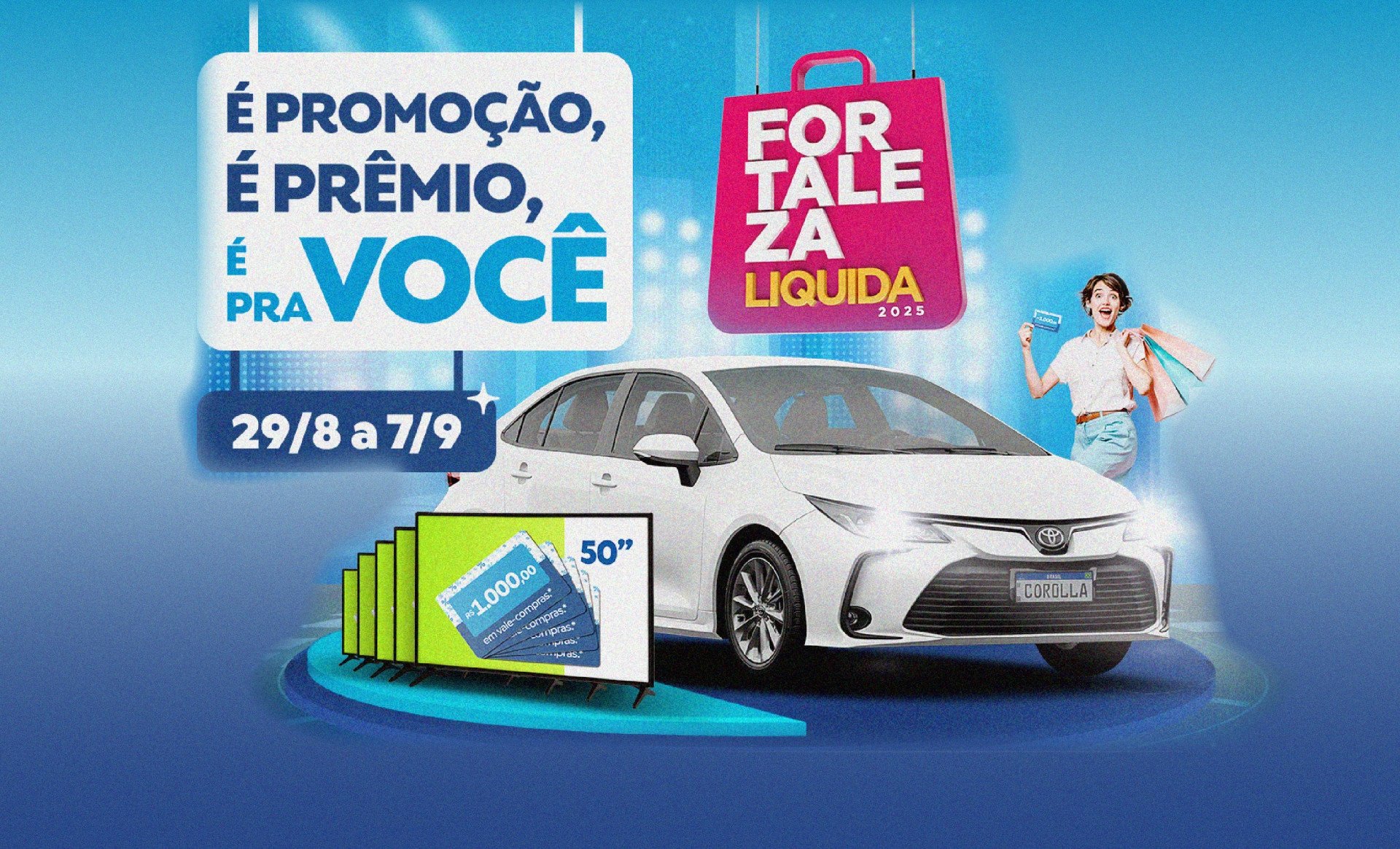 Fotos dos prêmios da campanha em fundo azul