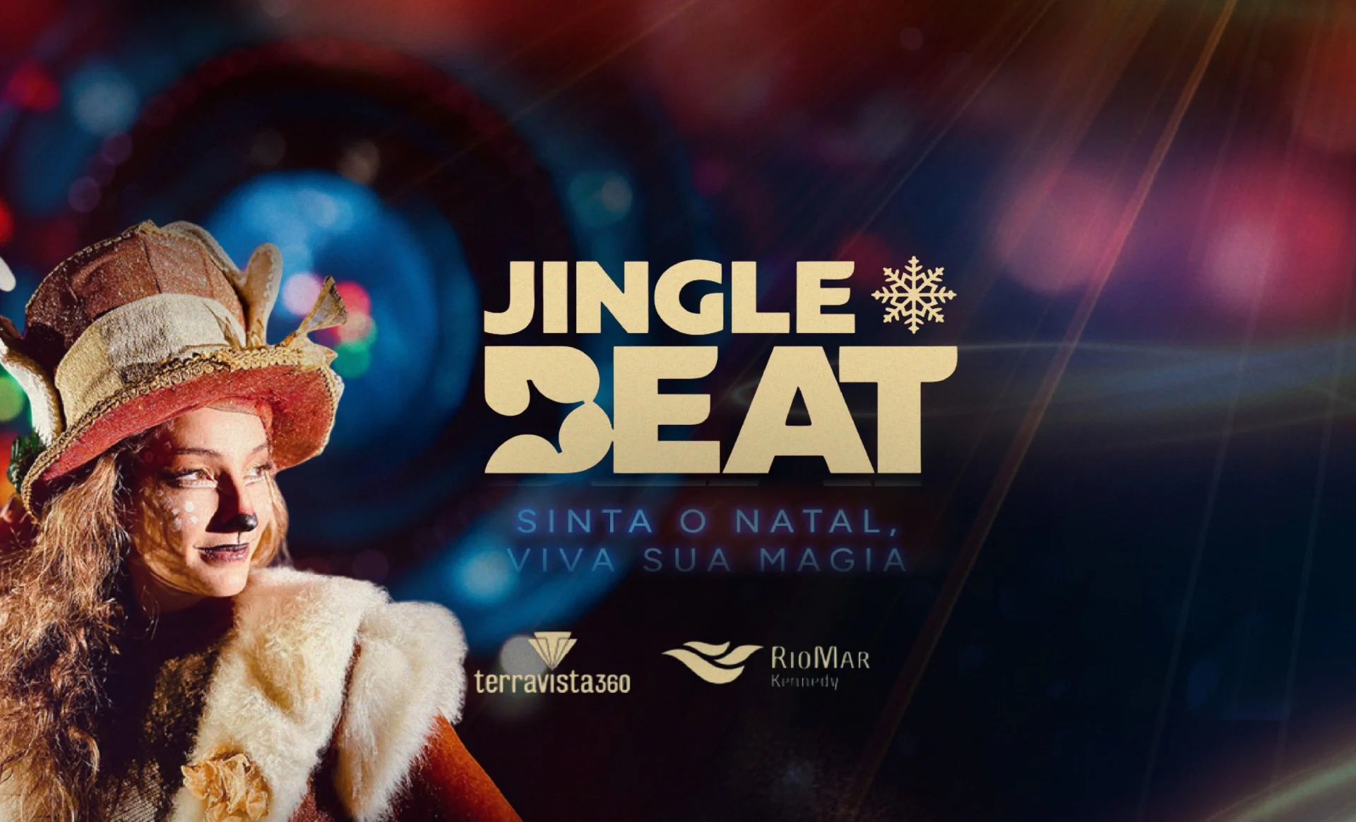 Personagem natalino e nome "Jingle Beat" em fundo colorido Personagem natalino e nome "Jingle Beat" em fundo colorido