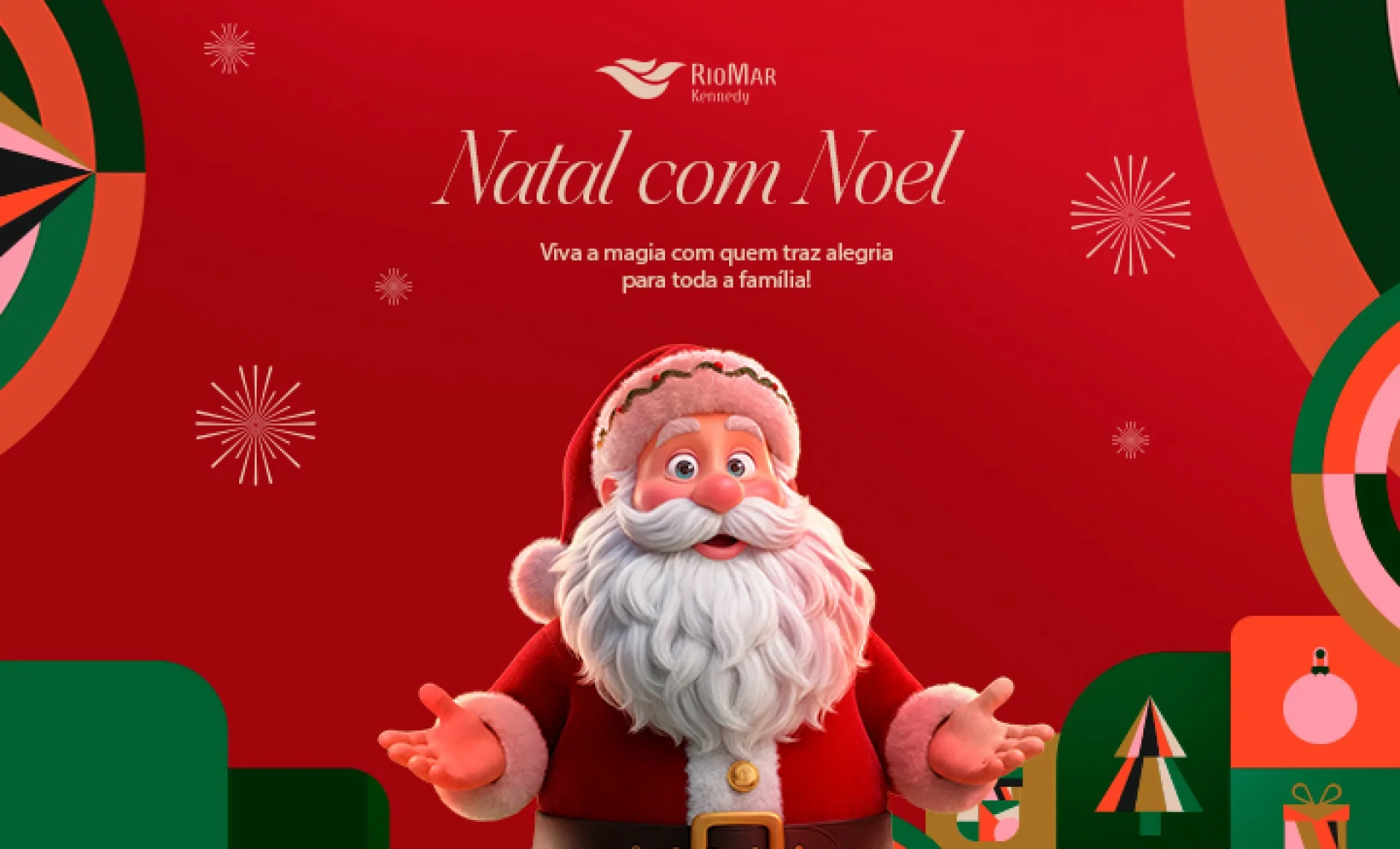 Texto "Natal com Noel viva a magia com quem traz alegria para toda a família!" com imagem de Papai Noel em fundo vermelho Texto "Natal com Noel viva a magia com quem traz alegria para toda a família!" com imagem de Papai Noel em fundo vermelho