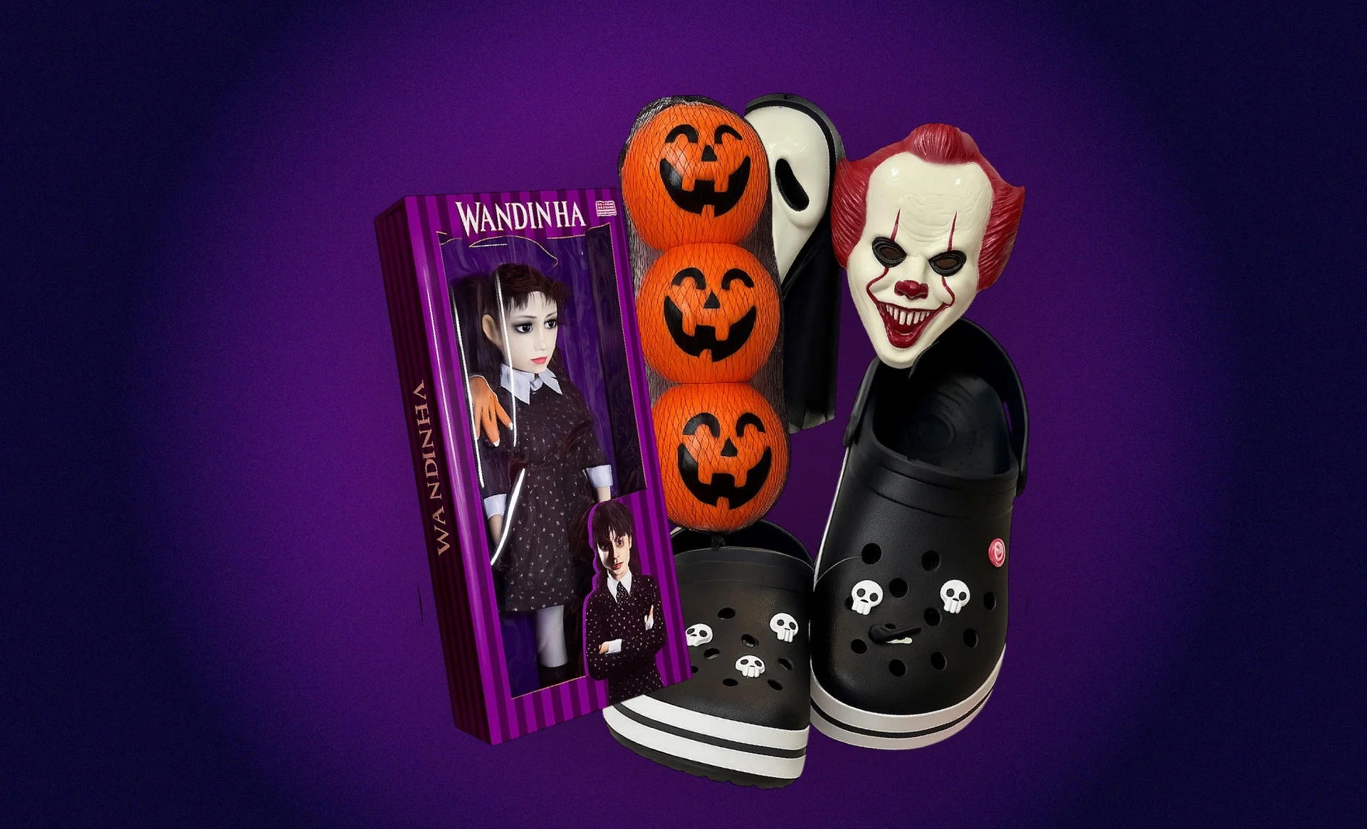 Vários produtos de Halloween como: brinquedos, máscaras e itens decorativos reunidos em fundo lilás Vários produtos de Halloween como: brinquedos, máscaras e itens decorativos reunidos em fundo lilás