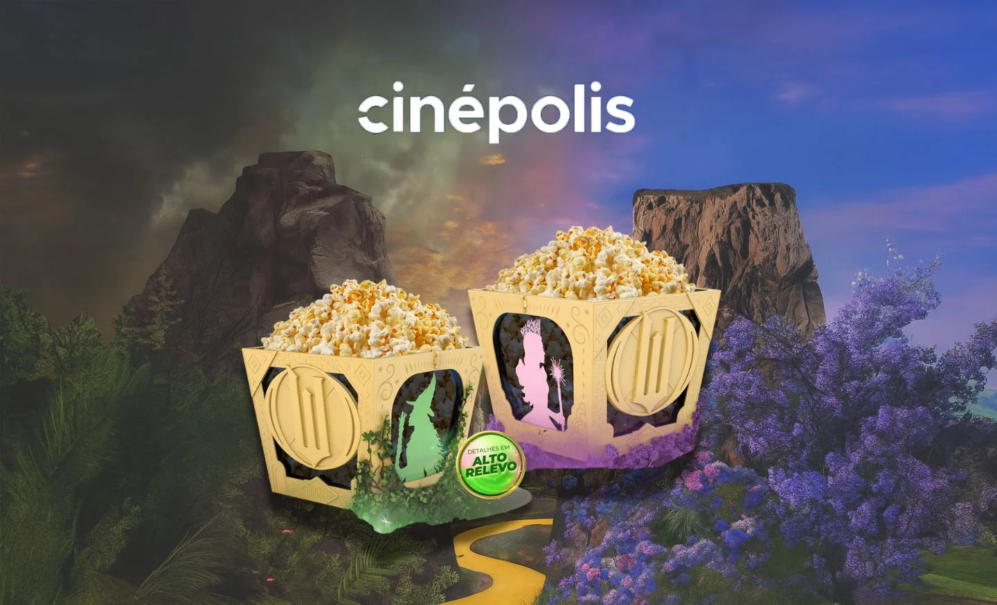 Baldes de pipoca temáticos de Wicked Parte II em fundo colorido